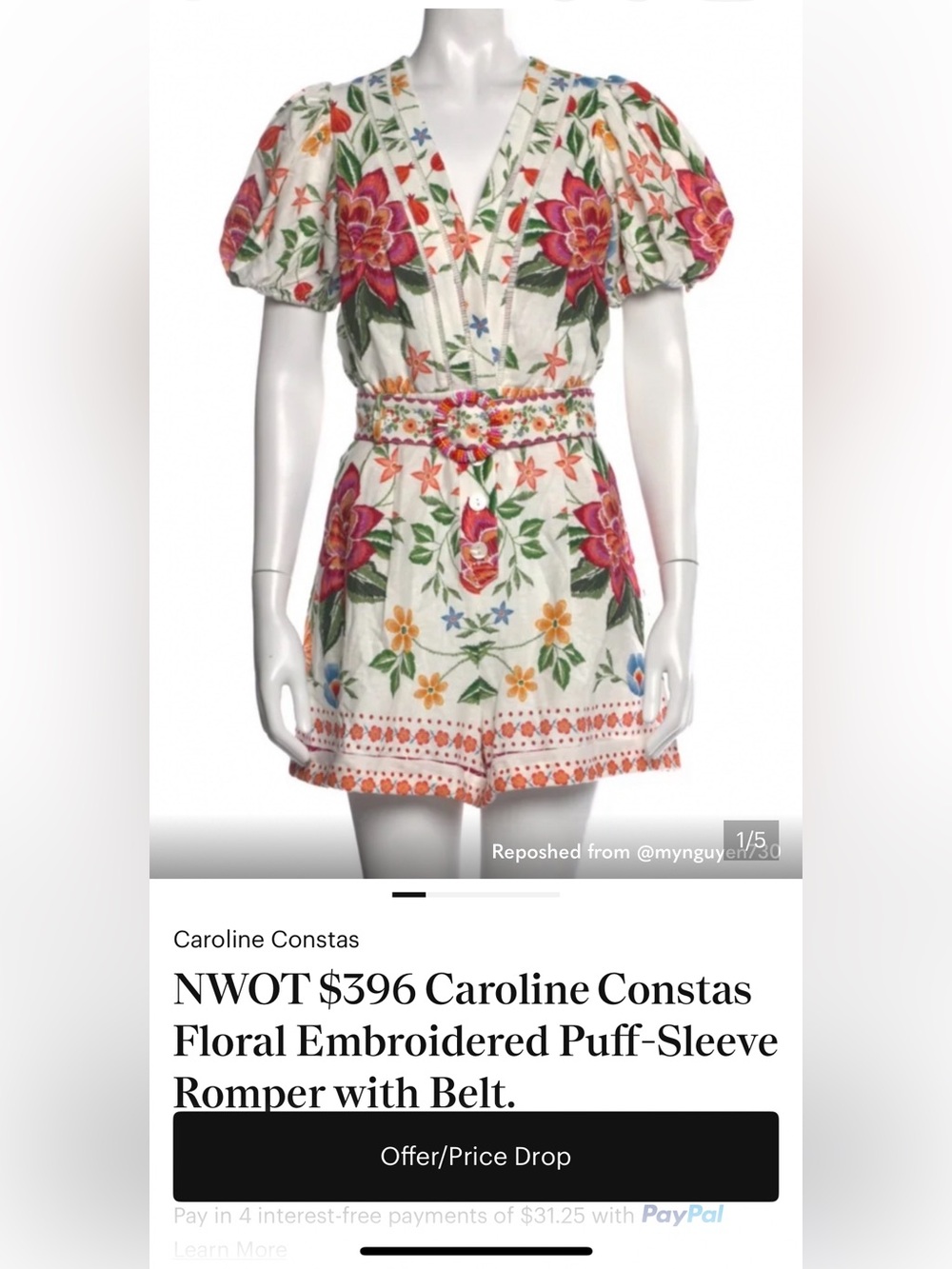 Caroline Constas White Floral Embroidered Puff-Sleeve Romper